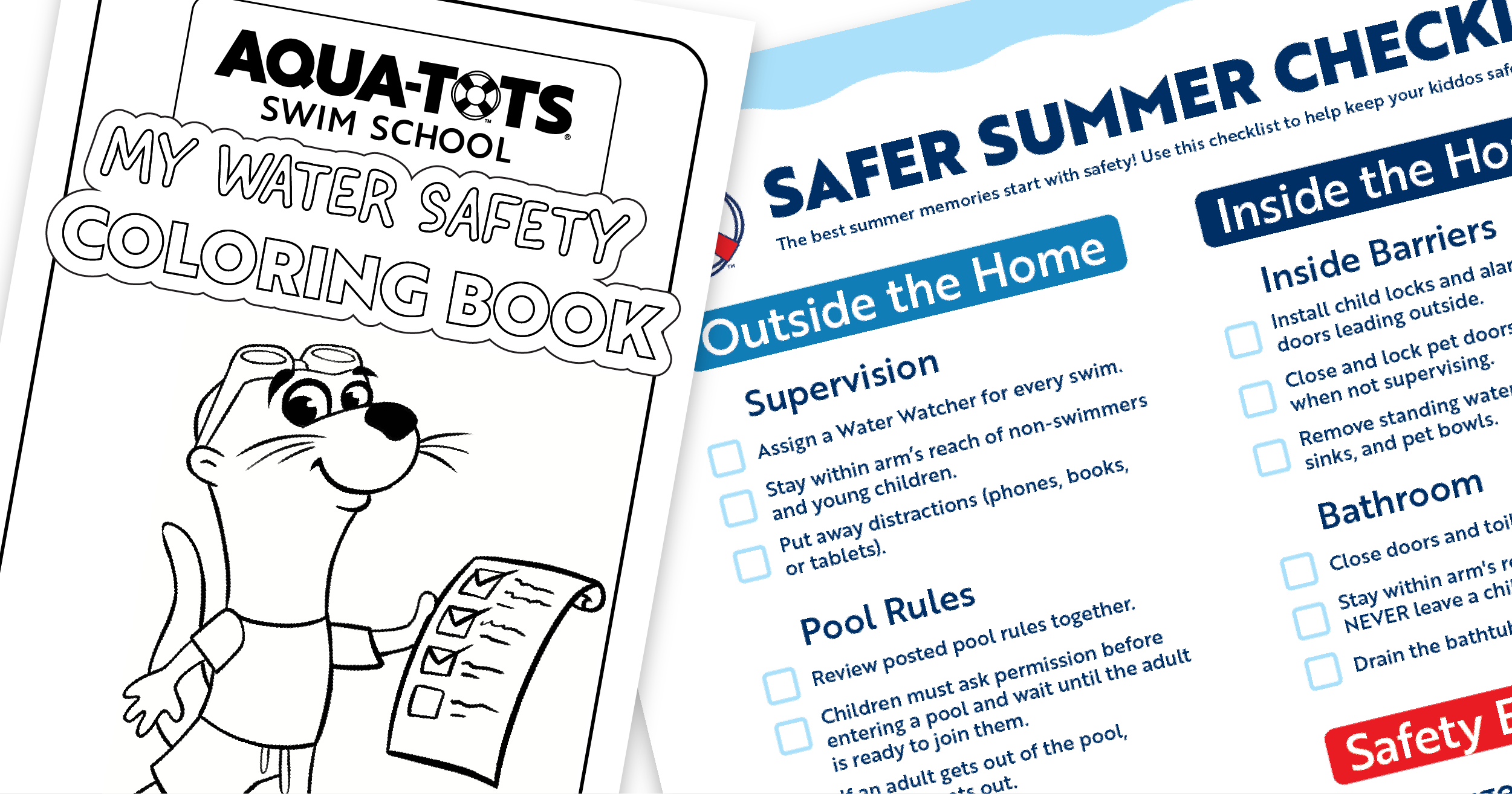 Photo featuring printed copies of Aqua-Tots Swim School's Safer Summer Checklist and Water Safety Coloring Book.